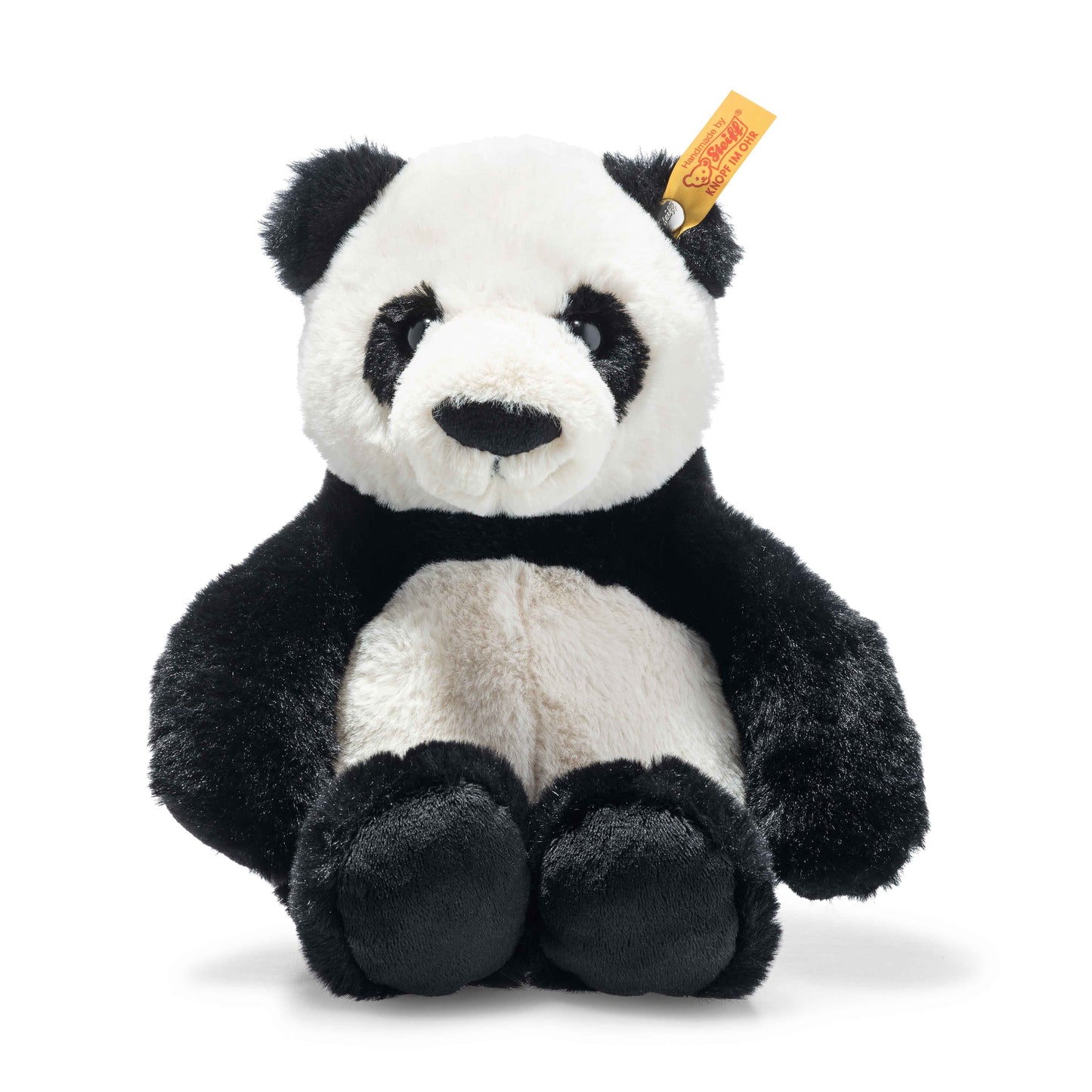 Plush panda toy with a visible brand tag on a white background