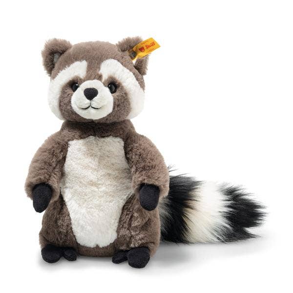 Plush stuffed animal raccoon toy with a white belly on a light background by steiff