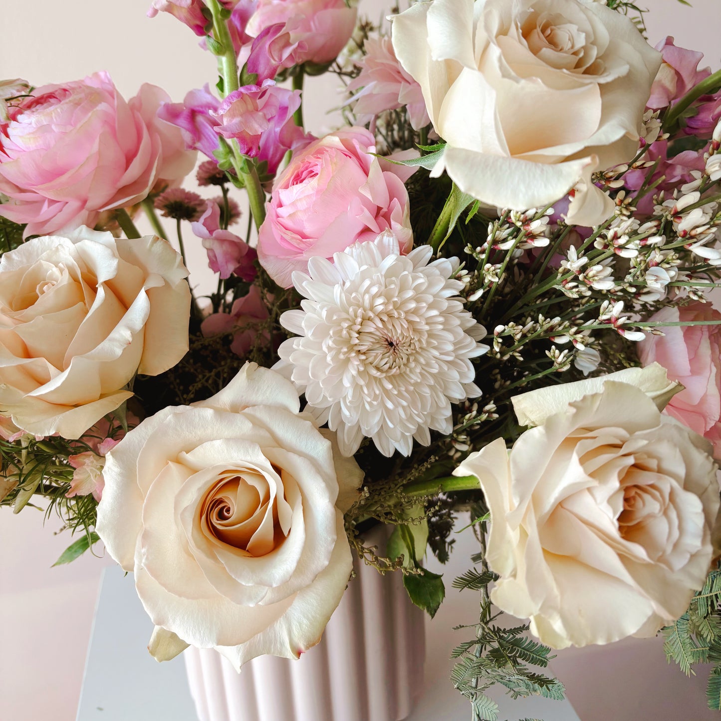 Close up of pastel flower arrangement. Exclusive lux flower arrangement by Bloomstall Flowers and Plants