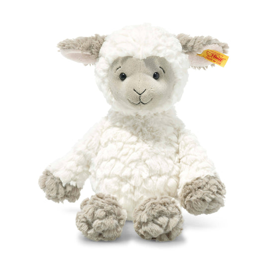 Plush toy lamb by Steiff with a visible brand logo on a white background