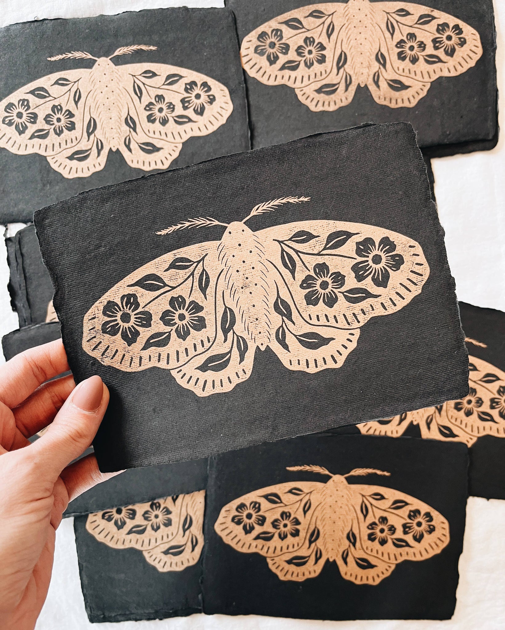 5x7 Floral Moth Block Print on Black Handmade Paper – Bloomstall Flowers -  Columbia, Tennessee