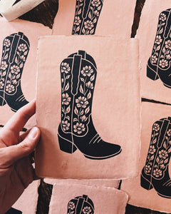 5x7 Western Floral Cowboy Boot Block Print on Handmade Paper