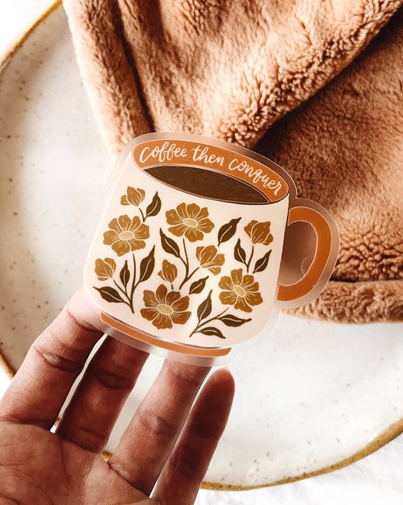 Coffee Lovers Mug Floral Vinyl Sticker Clear Background (