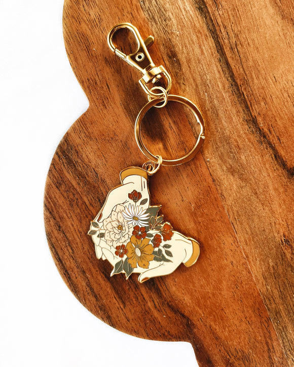 Hands + Flowers Keychain | Hard enamel floral key ring