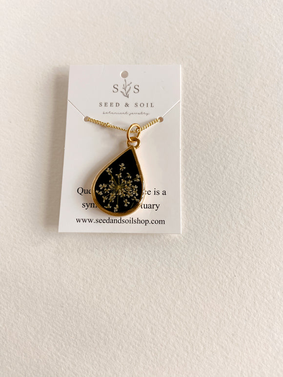 Seed & Soil Necklace with Teardrop Cameo Pendant Queen Anne’s Lace