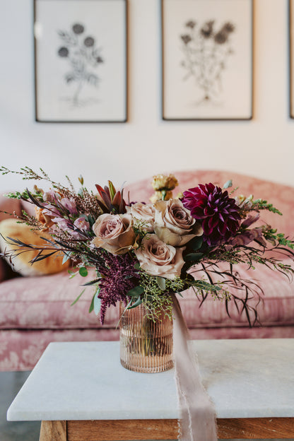 Moody wedding flower bouquet in a vase on a marble table by Michelle at Bloomstall in Columbia, Tn.